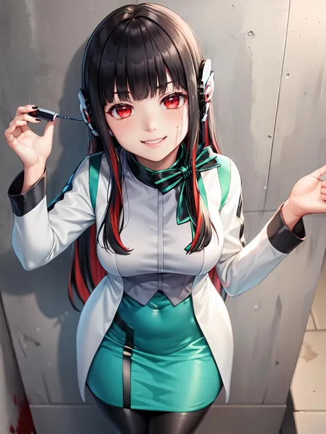 (extremely detailed CG), (best quality), 1girl, perfect face,shiny skin,narrow waist, wide hips <lora:AzuArk-10:0.8> AzuArk, footwear,humagear_headphones,black nails,white jacket,skirt,long sleeves,red hair, red eyes, blunt bangs,pantyhose,multicolored hair,long hair,bangs,black hair,looking at viewer, sadistic grin, portrait, (blood splashing on face:1)