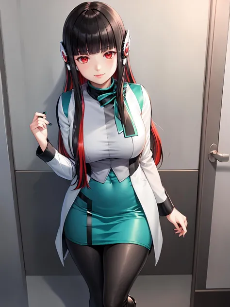 1girl, solo, nurse, surgical suit, white nurse's coat, long hair, white strand, black hair, black nails, jewelry, earring, blue eyes, nail polish, bangs, high heels, tattoo, thighs, hair ornament, red lips, medium breasts, on the computer desk