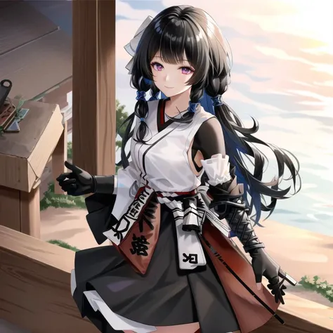 1girl, masterpiece, highest quality, best quality, , highly detailed, best illustration, glowing hair, ray tracing, semi realistic, <lora:Selena1:0.8>, Selena_mko, (black hair) ,japanese clothes, red hakama skirt, sleeveless,(((black gloves))), standing, smile,