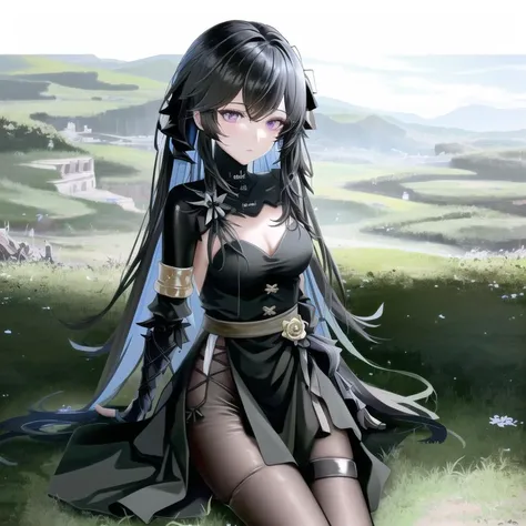 1girl, masterpiece, highest quality, best quality, , highly detailed, best illustration, glowing hair, ray tracing, semi realistic, <lora:Selena1:0.9>, Selena_blk, (black dress),mechanical arms, dress cutout, pantyhose, sitting