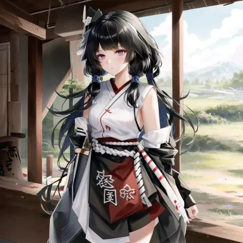 1girl, masterpiece, highest quality, best quality, , highly detailed, best illustration, glowing hair, ray tracing, semi realistic, <lora:Selena1:0.8>, Selena_mko, (black hair),japanese clothes, hakama skirt, sleeveless,(((black gloves))), standing, hand behind back