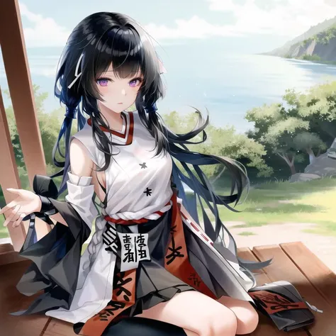1girl, masterpiece, highest quality, best quality, , highly detailed, best illustration, glowing hair, ray tracing, semi realistic, <lora:Selena1:0.8>, Selena_mko, black hair, japanese clothes, hakama skirt, bare shoulders, detached sleeves