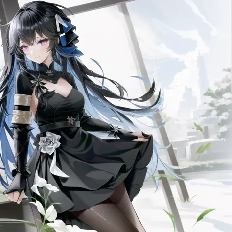 1girl, masterpiece, highest quality, best quality, , highly detailed, best illustration, glowing hair, ray tracing, semi realistic, <lora:Selena1:0.8>, Selena_blk, dress, ((black dress)), pantyhose, smile, leaning forward,