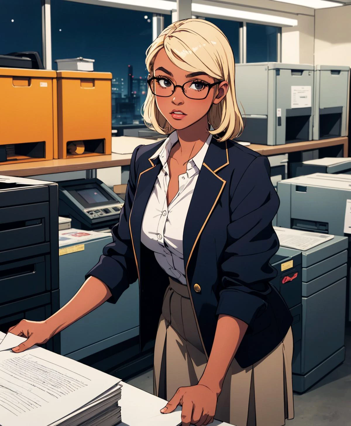 <lora:ultimaMics:1> (esthetic office secretary) young woman, african, dark skin, black eyes, voluptuous build, medium blonde retro hair, wearing a rich plum tailored blazer over a silk blouse, pleated skirt, heeled ankle boots, stylish glasses, light blush,lightly defined eyebrows, set in Copy Room, Functional area with copy machines, printers, paper trays, recycling bins, shelves stocked with office supplies, at night