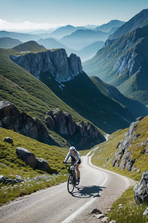 (otherworldly), highly insanely detailed, masterpiece, top quality, best quality, highres, 4k, 8k, RAW photo, (very aesthetic, beautiful and aesthetic), a white cruiser motorbike, with spoke wheels wheels, ergonomic seat seat, with a helmet lock, ridden by a adult woman in a rugged mountain trail with rocks, steep slopes, breathtaking views,
BREAK
âââ