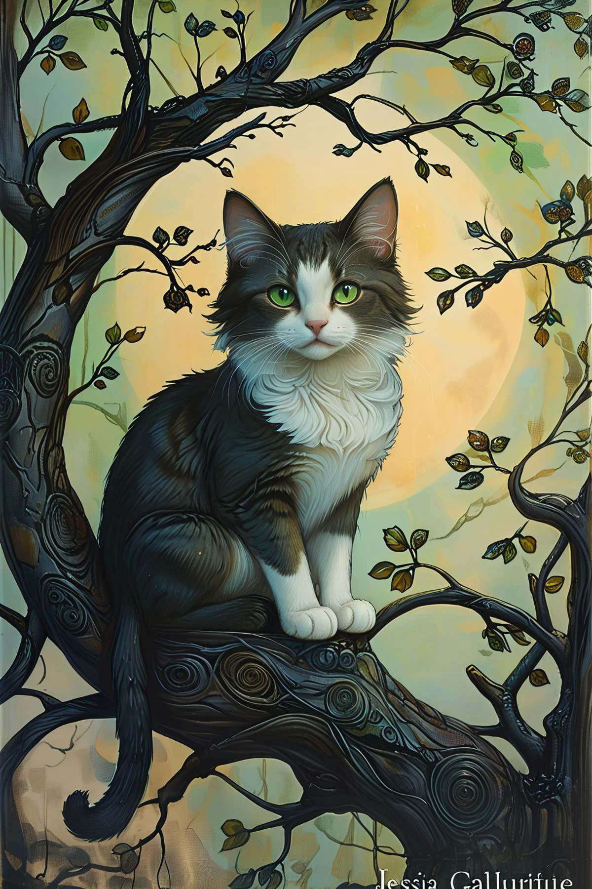 (cute cat),(graceful cat) with gray shaded fur, heterochromia (one blue eye, one green eye) eyes, climbing a tree, set in a quiet bedroom with a fluffy bed, a reading nook, soft lighting, during sunset,style of Jessica Galbreth,intricate background,<lora:tbh220-sdxl:1>,intricate detail,