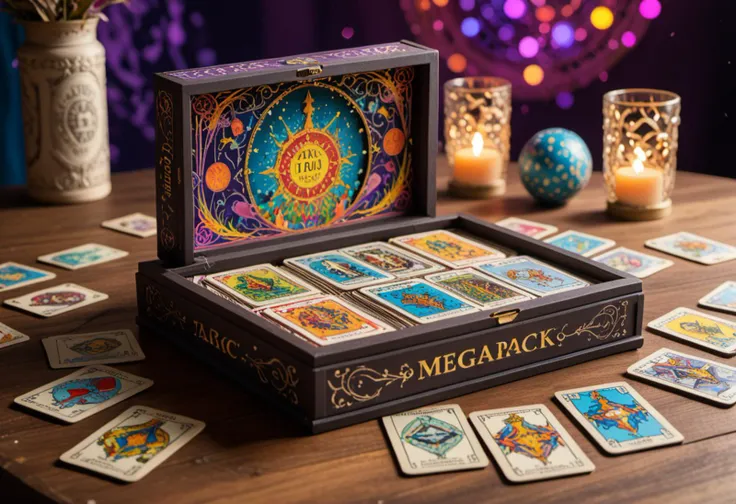 (psychedelic, vivid colors, 3d papercut shadow box) of a deck of tarot cards spilled on a table, text "megapack" is written on the box, magic lights, bokeh, intricate details, masterpiece, best quality