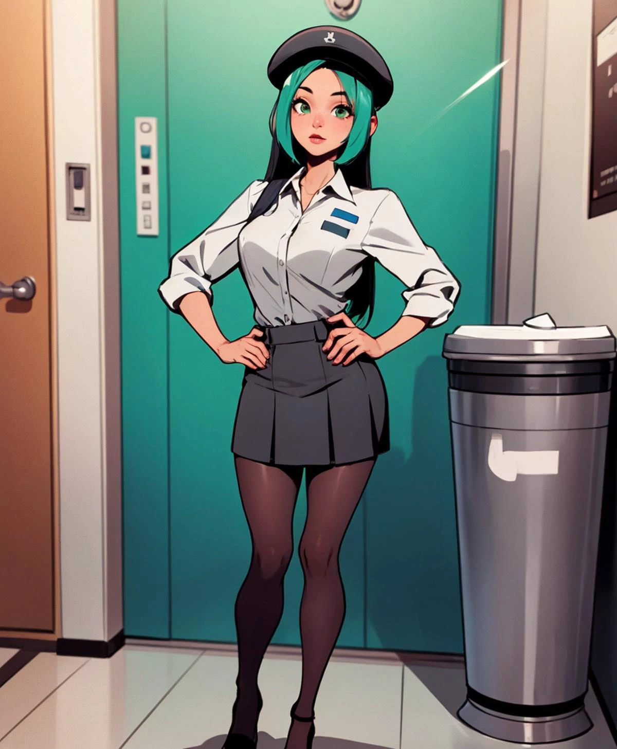 <lora:ultimaKid:0@.3,1@.3> (attractive flight attendant) young woman, persian, tan skin, jade green eyes, slim build, hazel hair, wearing Professional charcoal gray uniform with a button-up blouse, pleated skirt, sheer stockings, charcoal gray heels, flight attendant hat, first aid kit, set in Airplane Bathroom, Dimly lit space with gray walls, narrow countertop, toilet with a sliding door, motion-sensor soap dispenser, a trash bin tucked under the sink , at sunset
