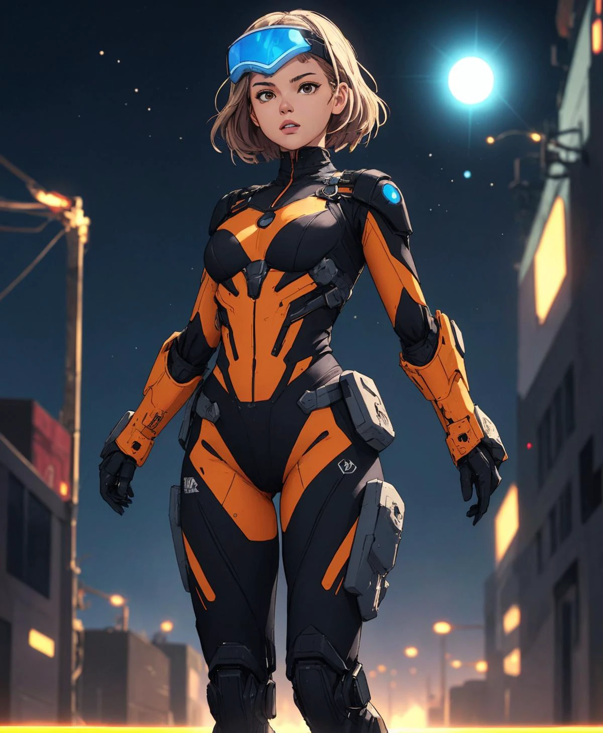 <lora:ultimaBrixel:1> (sexy futuristic soldier) young woman, african, dark skin, light brown eyes, busty build, short hazel hair, wearing Plasma-infused exosuit with neural control interface, multi-spectral visor with threat detection, energy gauntlets with plasma cannons, anti-gravity combat boots, High-caliber railgun with electromagnetic propulsion, set in , at night