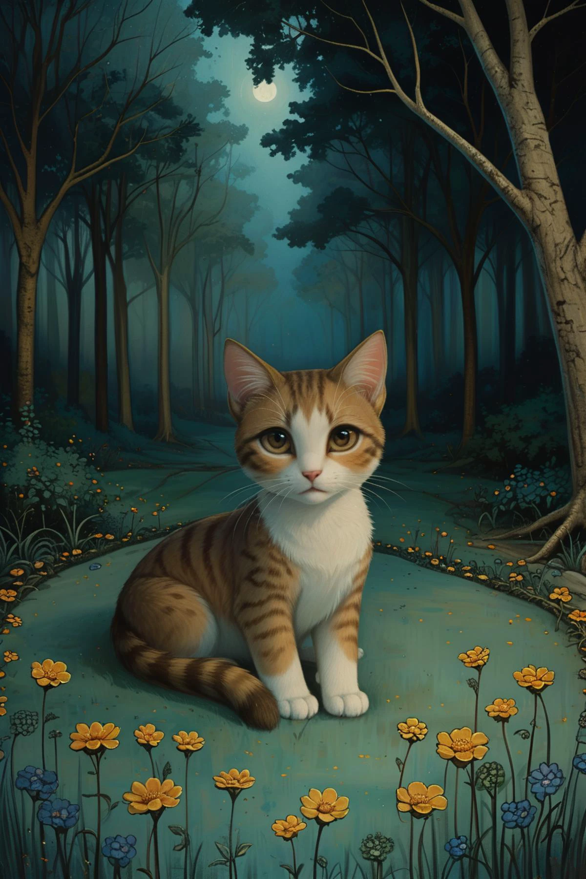 (cute cat),(cute cat) with brown spotted fur, hazel eyes, bow, lounging in a sunny spot, set in a spacious garden with tall trees, green grass, a variety of scents, at night,style of Jessica Galbreth,intricate background,<lora:tbh220-sdxl:1>,intricate detail,