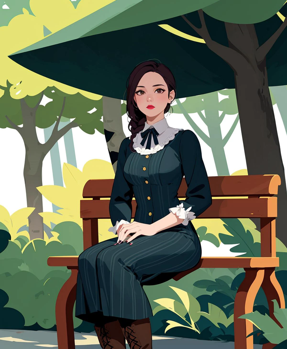 Minimalism <lora:ultimaFlat:1> (lovely gothic maiden) young woman, thai, straight hair, brown eyes, light brown skin, pale skin, hazel eyes, petite build, extra long red dutch braid hair, wearing Victorian governess costume with a gray pinstripe dress, lace collar, patterned stockings, button-up boots, Dark green lipstick, deep green and black eyeshadow, bold eyeliner, pale skin, dark nail polish with green shimmer, set in Arboretum Pathway, Canopied pathway lined with towering trees, dappled sunlight filtering through the leaves, wooden benches nestled among clusters of ferns and ivy, the gentle sound of a nearby stream trickling over rocks , at night