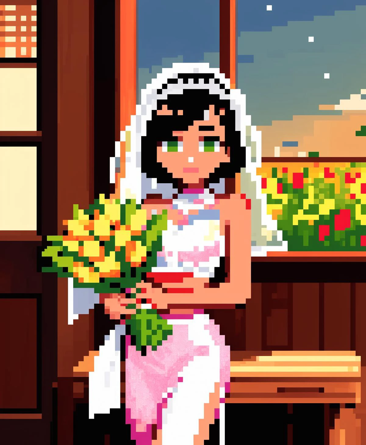 <lora:ultimaKid:1@.3,0@.3> <lora:ultimaPixel:0@.3,1@.3> (gorgeous bride) young woman, brazilian, brown eyes, tan skin, tan skin, light green eyes, Average build, short ginger low bun hair, wearing Sequined crop top with sweetheart neckline, sequined mini skirt with slit, sequined headband, glittery pumps, wedding veil with lace, dainty floral hairpiece, holding a bouquet of minimalist bouquet of single stem roses or tulips, set in Farmhouse Kitchen, Rustic charm with exposed wooden beams, a large farmhouse table surrounded by mismatched chairs, a vintage stove, hanging pots and pans, a cozy window seat overlooking the garden , at sunset