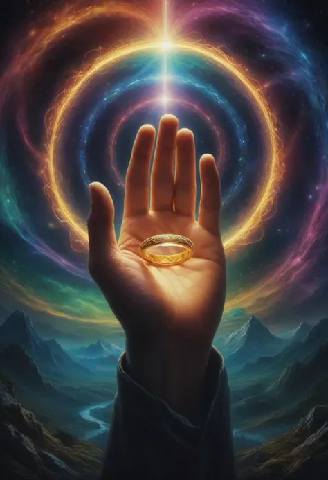 masterpiece, reality, 4k, (medium full shot) of the "one ring" above a hand, movie "the lord of the rings", psychedelic, prismatic