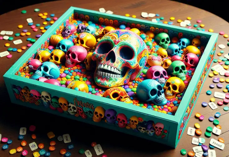 (psychedelic, vivid colors, 3d papercut shadow box ) of a deck of collectible cards spilled on a table made of colorful skulls, text "megapack" is written on the box, intricate details, masterpiece, best quality, still life, food photography, mouthwatering dishes, vibrant colors, appetizing presentations, enticing compositions, delicious details, showcasing textures, capturing freshness, professional lighting, expert styling, culinary storytelling, enhancing food appeal