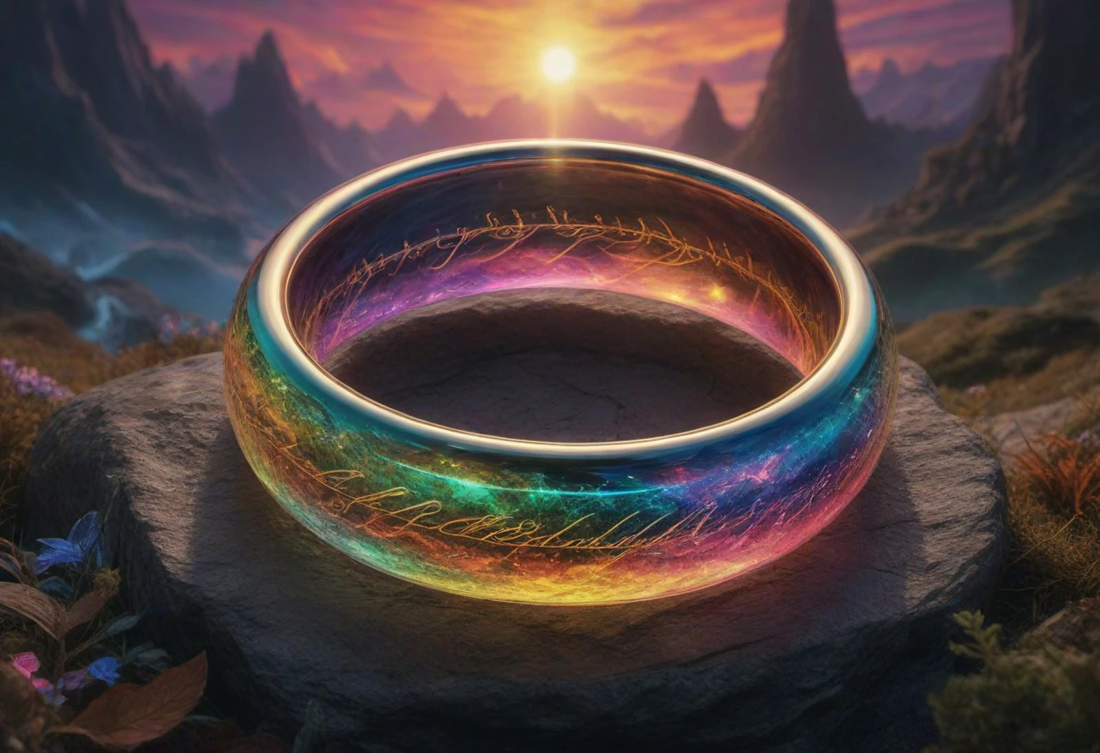 masterpiece, reality, 4k, (medium full shot) of the ring from the movie "the lord of the rings", psychedelic, prismatic