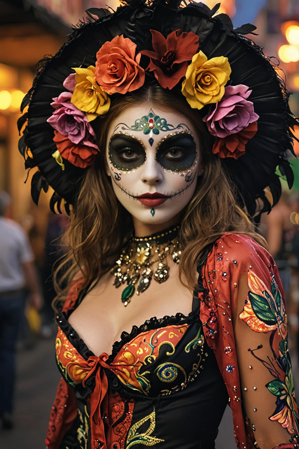 ((fashion photography)),perfect face,perfect eyes,(medium full shot) of (scantily dressed harlot) young woman,Mardi Gras street scene,iconic Catrina and vibrant eye makeup and floral patterned outfit with intricate details,:MJ52:0.7>,