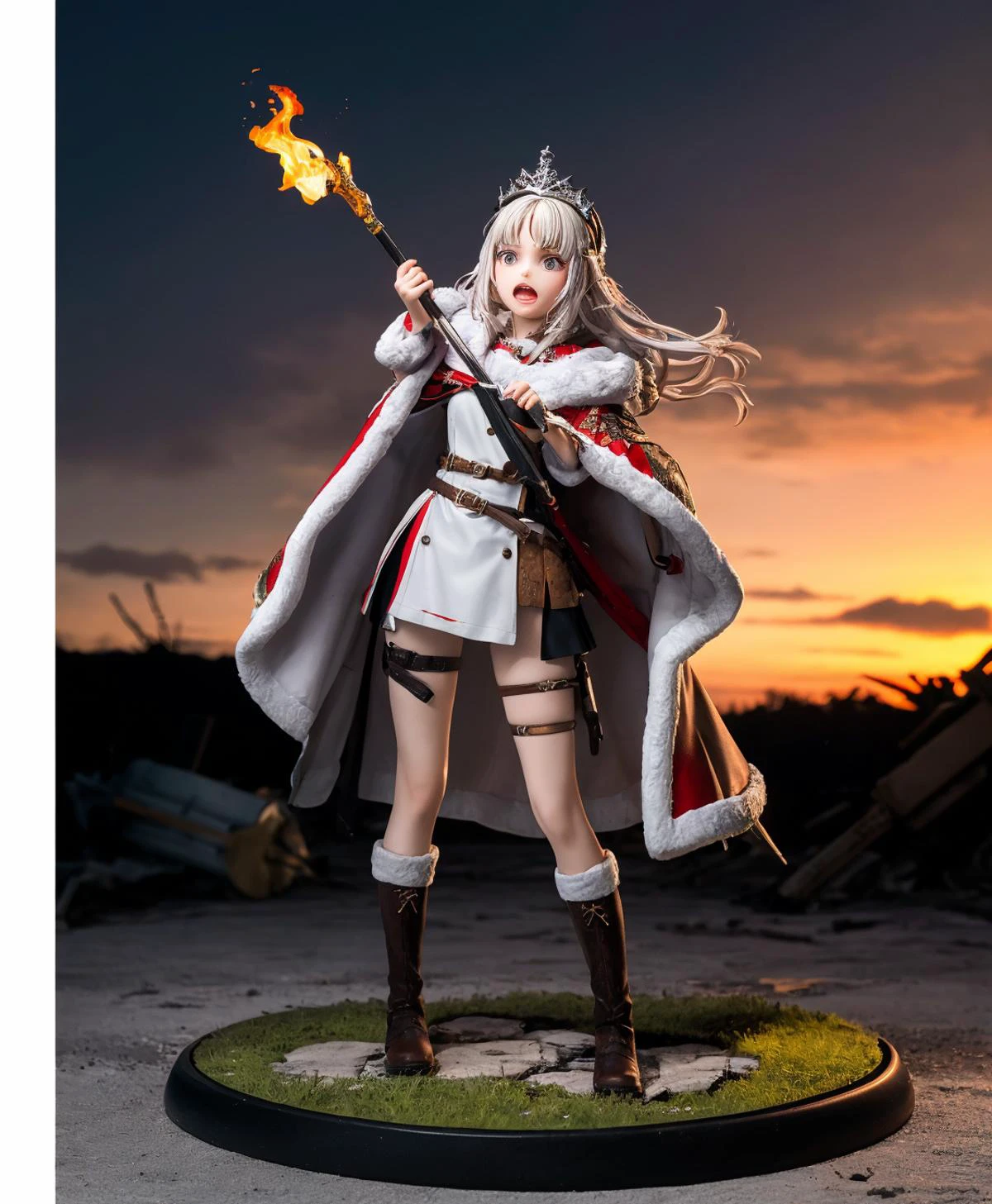 <lora:ultimaPVC:1> (vivacious viking) young woman, wearing Viking princess costume featuring fur-trimmed dress, fur cloak, hide belt, fur-lined boots, crown helmet, iron battle axe set in Viking Battlefield, Blood-stained earth littered with fallen warriors, ravens circling overhead, broken weapons jutting out of the ground, flickering torches casting eerie shadows, war cries resounding in the air , at sunset