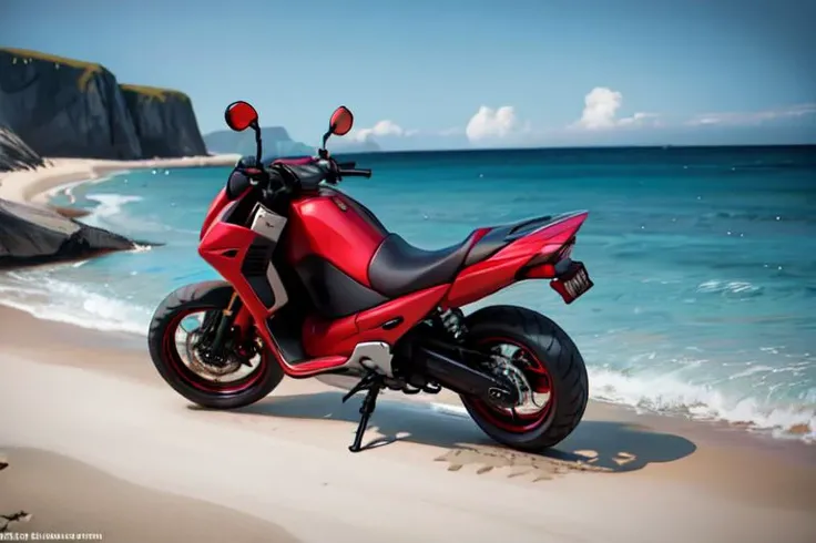 (otherworldly), highly insanely detailed, masterpiece, top quality, best quality, highres, 4k, 8k, RAW photo, (very aesthetic, beautiful and aesthetic), a red scooter motorbike, with tubeless wheels wheels, padded seat seat, equipped with a bike computer, ridden by a middle-aged woman in a sandy beach path with waves crashing, seagulls, sunbathers , at night,âââ