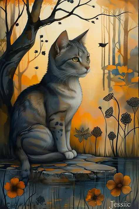 (cute cat),(majestic cat) with gray rosetted fur, amber eyes,  watching birds intently, set in a quiet grove, with babbling brooks, leafy canopies, serene glades, during sunset,style of Jessica Galbreth,intricate background,<lora:tbh220-sdxl:1>,intricate detail,