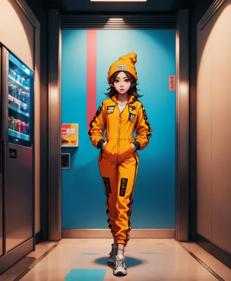 <lora:ultimaTe:1> (desirable prison inmate) young woman, chinese, dark eyes, fair skin, tan skin, light brown eyes, petite build, extra long dark layered cut hair, wearing orange jumpsuitwith zipper front, elastic-cuffed pants, black beanie hat, white shoes, wearing handcuffs, set in prison visitation room, with colorful murals on the walls, toys for children, a vending machine offering snacks and drinks , at night