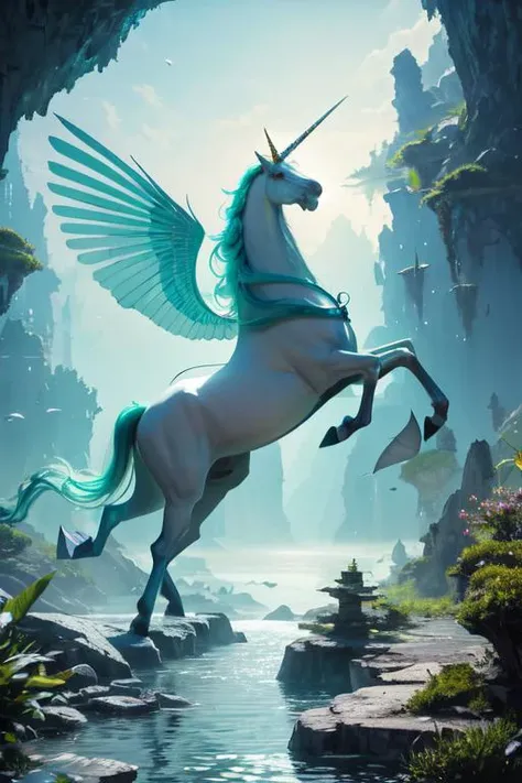 highly insanely detailed, masterpiece, top quality, best quality, highres, 4k, 8k, RAW photo, (very aesthetic, beautiful and aesthetic),  
(graceful ethereal unicorn), yellow eyes, mint green silky unicorn coat color, jeweled horn, thick mane, delicate flowers, set in a mystical crystal cave, with shimmering stones, magical light, an enchanting ambiance, during a sunset, 
floating platforms,floating buildings, 
âââ