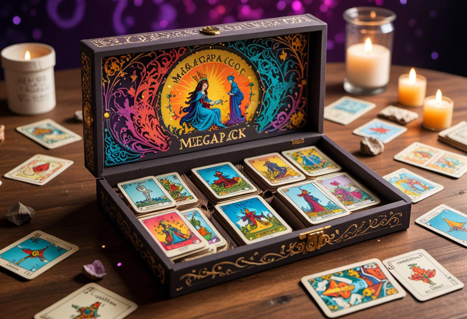 (psychedelic, vivid colors, 3d papercut shadow box) of a deck of tarot cards spilled on a table, text "megapack" is written on the box, magic lights, bokeh, intricate details, masterpiece, best quality