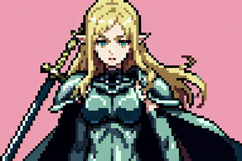 highly insanely detailed, masterpiece, top quality, best quality, highres, 4k, 8k, RAW photo, (very aesthetic, beautiful and aesthetic),
teresa \(claymore\),claymore \(series\),dajianTeresa,armor,cape,shoulder armor,pauldrons,grey bodysuit,holding,holding weapon,huge weapon,sword behind back,drawing sword,collarbone,gloves,lips,vambraces,covered navel,cloak,
<lora:dajianTeresa-10:0.5>,
1girl, solo,
a beautiful elvish girl,
pure pink background,pure green background ,neon color,multicolored background,solid color,solid color background,âââ