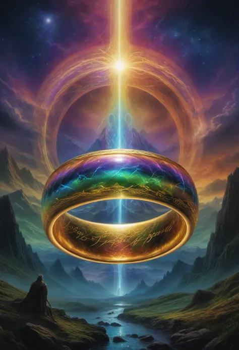 masterpiece, reality, 4k, (medium full shot) of the ring from the movie "the lord of the rings", psychedelic, prismatic