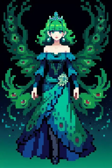 (otherworldly), highly insanely detailed, masterpiece, top quality, best quality, highres, 4k, 8k, RAW photo, (very aesthetic, beautiful and aesthetic), full body, off shoulder, tiara, makeup, breasts, black hair, curly hair, lips, dress, jewelry, earrings, bird, peacock strapless dress, feathers blue dress, abstract, peacock background,
<lora:JAY - FEATHERS BLUE DRESS:0.3>,
1girl,
(seafoam green hair ,split-color hair,dual-toned hair,two-tone hair),âââ