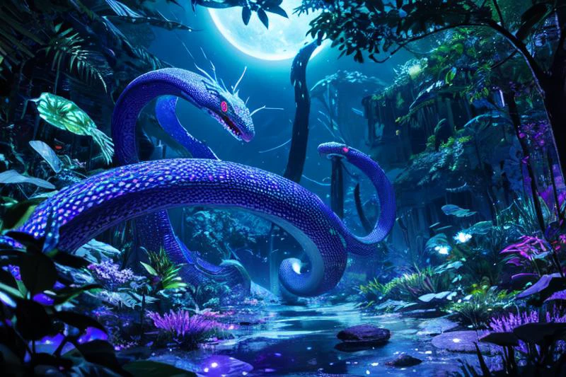 highly insanely detailed, masterpiece, top quality, best quality, highres, 4k, 8k, RAW photo, (very aesthetic, beautiful and aesthetic),
(magnificent snakes) with muscular body, blue eyes, psychedelic prismatic bioluminescent scales, venomous fangs, spiked tail, frills,gemstone-studded scales, set in an enchanting jungle, with glowing plants, bioluminescent insects, a magical atmosphere, under the moonlight
pure purple background,transparent background,
âââ