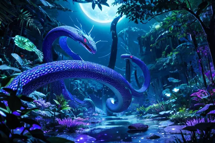 highly insanely detailed, masterpiece, top quality, best quality, highres, 4k, 8k, RAW photo, (very aesthetic, beautiful and aesthetic),  
(magnificent snakes) with muscular body, blue eyes, psychedelic prismatic bioluminescent scales, venomous fangs, spiked tail, frills,gemstone-studded scales, set in an enchanting jungle, with glowing plants, bioluminescent insects, a magical atmosphere, under the moonlight
pure purple background,transparent background, 
âââ