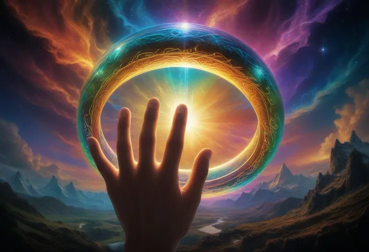 masterpiece, reality, 4k, (medium full shot) of the flying "one ring" from the movie "the lord of the rings". a hand.  psychedelic, prismatic