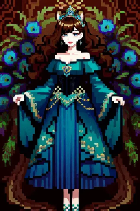 (otherworldly), highly insanely detailed, masterpiece, top quality, best quality, highres, 4k, 8k, RAW photo, (very aesthetic, beautiful and aesthetic), full body, off shoulder, tiara, makeup, breasts, black hair, curly hair, lips, dress, jewelry, earrings, bird, peacock strapless dress, feathers blue dress, abstract, peacock background, 
<lora:JAY -  FEATHERS BLUE DRESS:0.3>, 
1girl, 
(leopard print hair,light brown hair,pinstripe hair ),âââ