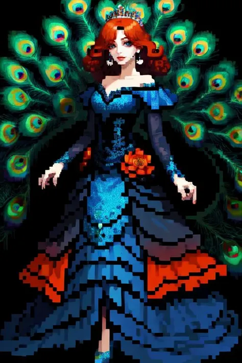 (otherworldly), highly insanely detailed, masterpiece, top quality, best quality, highres, 4k, 8k, RAW photo, (very aesthetic, beautiful and aesthetic), full body, off shoulder, tiara, makeup, breasts, black hair, curly hair, lips, dress, jewelry, earrings, bird, peacock strapless dress, feathers blue dress, abstract, peacock background, 
<lora:JAY -  FEATHERS BLUE DRESS:0.6>, 
1girl, 
(black and orange hair,dark red hair ),âââ