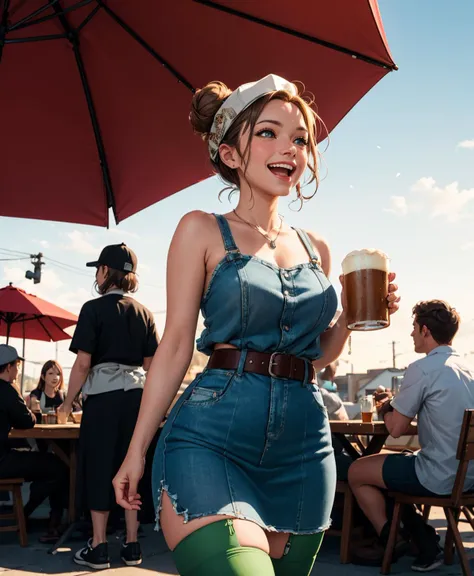 <lora:ultimaVerse:1> (bonnie waitress) young woman, french, bright green eyes, light skin, light skin, brown eyes, curvy build, medium hazel double buns hair, wearing Casual denim dress with a belt, sheer stockings, brown ankle boots, casual baseball cap, carrying a coffee pitcher, set in Beer Garden, Lively outdoor space with picnic tables shaded by umbrellas, strings of twinkling lights overhead, groups of friends sharing laughter and clinking steins, vendors selling pretzels and bratwurst, the sound of jovial conversations blending with the hum of the crowd , at sunset