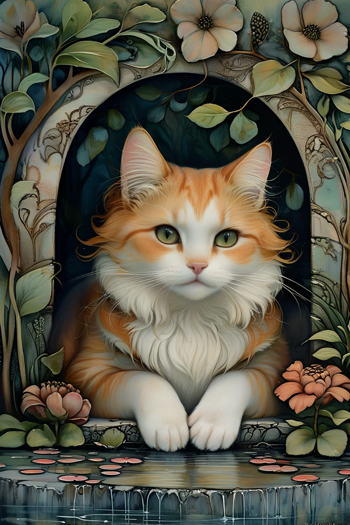 (cute cat),(fluffy cat) with ginger marbled fur, hazel eyes, napping in a cozy bed, set in a tranquil garden, surrounded by lush greenery, with flowers in bloom, gentle pathways, serene ponds, elegant benches, at night,style of Jessica Galbreth,intricate background,<lora:tbh220-sdxl:1>,intricate detail,