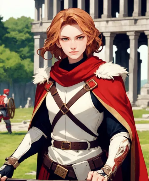 <lora:ultimaAll:1@.3,0@.3> <lora:ultimaNeon:0@.3,1@.3> (vivacious roman soldier) young woman, wavy ginger hair, hazel eyes, fair skin, slim build,  centurion, wearing Galea with transverse crest, muscle cuirass, white tunic, red cloak, leather belt, iron greaves, caligae, holding spatha with engraved blade, set in ancient roman empire era, Siege Engine, towering structure with wooden supports, large wheels, soldiers preparing it for action, a battering ram