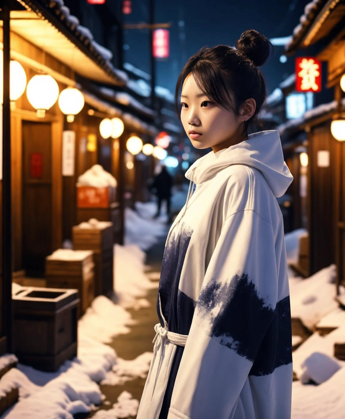 <lora:ultimaAll:1> (bonnie ninja) japanese young woman, lithe build, black hair, hairbun, brown eyes, wearing white jumpsuit with icy blue trim, hooded cloak, ninja mask, snow boots, set in Shadowy Alley in edo era, Twisting pathway cluttered with discarded crates and broken pottery, small alcoves housing mysterious figures, faint glow emanating from a hidden gambling den, the rustle of silk garments, and whispers exchanged in hushed tones , at night
