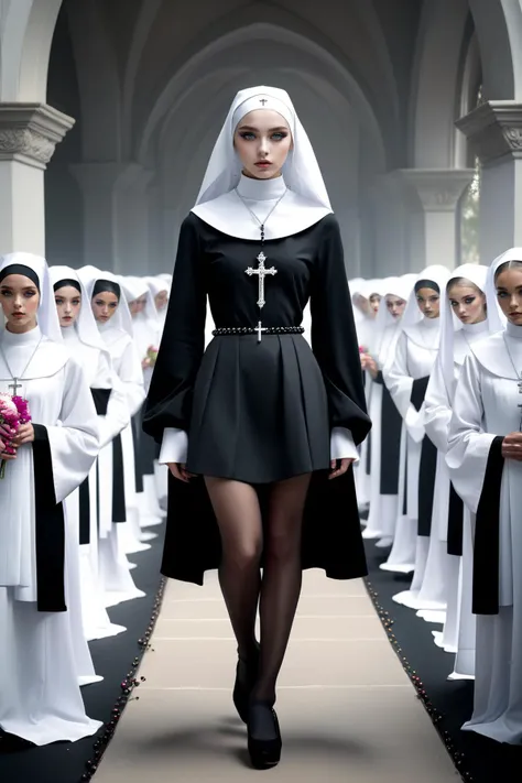 ((fashion photography)),perfect face,perfect eyes,(full shot) of (provocative) young woman leading a funeral procession,vibrant eye makeup and nun wearing grey habit with a veil and long-sleeves, mini skirt, white stockings, traditional nun's coif, black ballet flats, holding a rosary beads, by ruan jia and Mandy Jurgens and William-Adolphe Bouguereau<lora:MJ52:0.3>