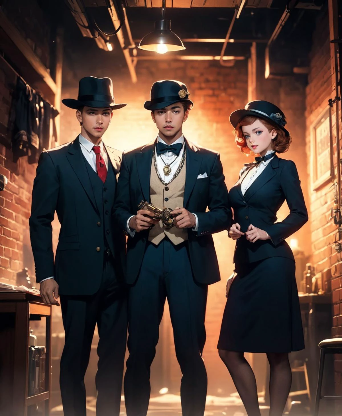 <lora:ultimaEnd:1@.3,0@.3> <lora:ULTRA:0@.3,1@.3>1@.1,0@.2 (attractive gangster) young woman, british, blue eyes, light skin, busty build, wearing a deep burgundy wool suit, felt hat, spectator shoes, ginger hair, pocket watch, holding a revolver, set in the year 1920, in an underground speakeasy, tucked away in a basement, with brick walls adorned with vintage posters, a lively jazz trio playing, and an atmosphere thick with intrigue and revelry, at sunset