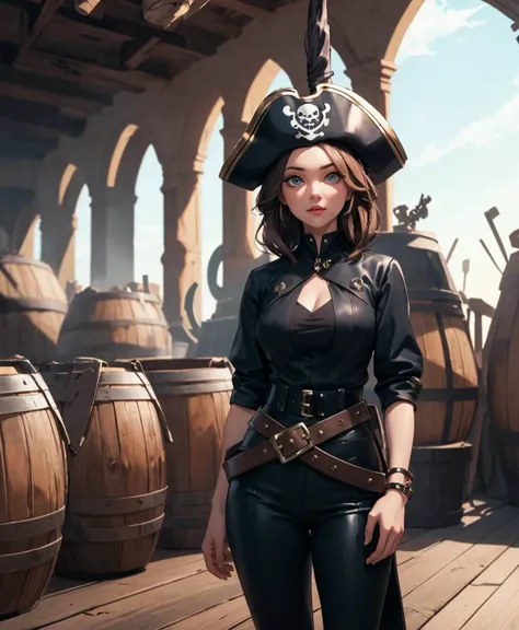 <lora:ultimaToon:1@.3,0@.3> <lora:ultimaNiji:0@.3,1@.3> (vivacious pirate) young woman, russian, blue eyes, fair skin, tall,, light skin, jade green eyes, lithe build, brown hair, wearing Black silk blouse under a silver-studded leather bodice, silk trousers, black tricorn hat with a jeweled pin, leather sandals, leather belt with a decorative buckle and pouches,hook hand,wooden leg, in pirate-friendly rum distillery, barrels of grog and kegs of ale stacked to the rafters , at sunset