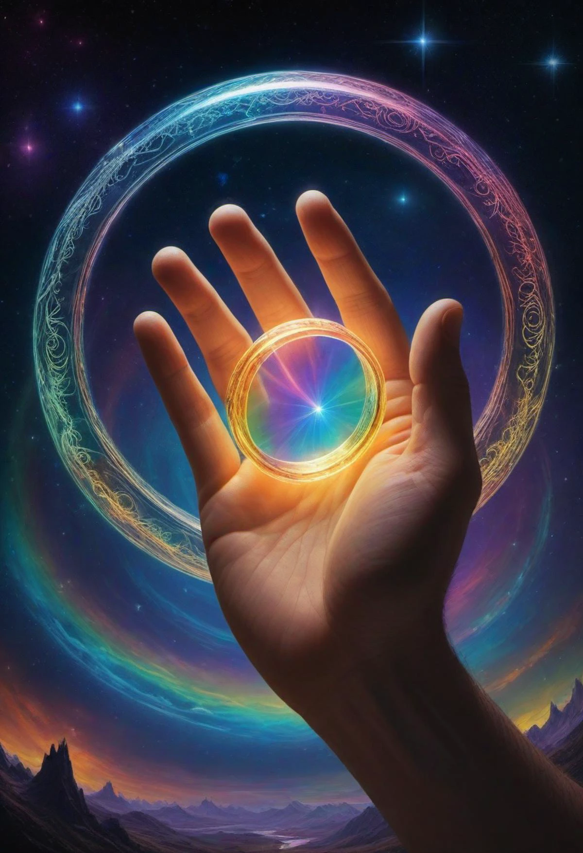 masterpiece, reality, 4k, (medium full shot) of the flying "one ring" from the movie "the lord of the rings". a hand. psychedelic, prismatic