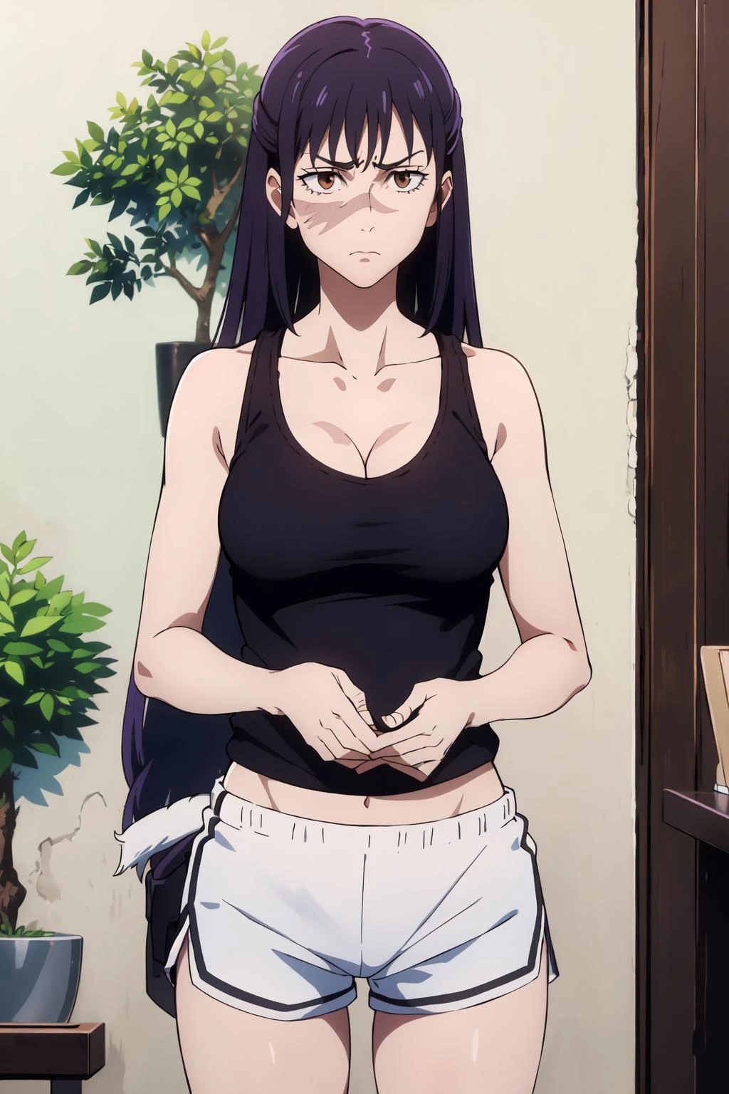 (extremely detailed CG unity 8k wallpaper),(masterpiece),(best quality),(ultra-detailed),(best illustration),(best shadow),(absurdres), <lora:Utahime:0.7>,Iori, 1girl, solo, brown eyes, black hair, long hair, looking at viewer, indoors, closed mouth, (cowboy shot:1), frown, shaded face, parody, blurry, tree, scar, portrait, scar on face, serious, gym background, tank top, medium breast, purple hair, gym shorts, cleavage,