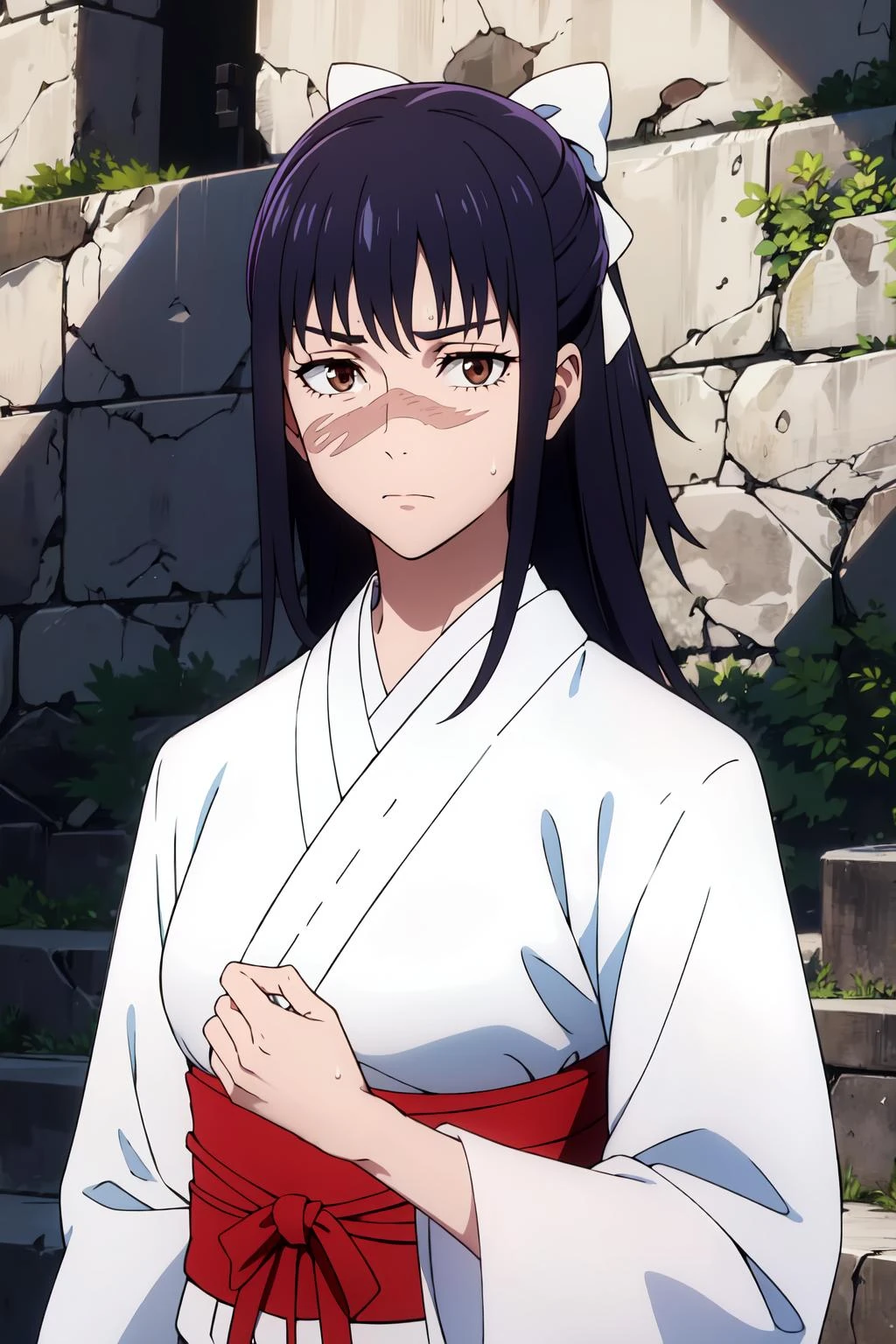 (extremely detailed CG unity 8k wallpaper),(masterpiece),(best quality),(ultra-detailed),(best illustration),(best shadow),(absurdres), <lora:Utahime:0.7>Iori, 1girl, solo, japanese clothes, brown eyes, looking at viewer, long hair, closed mouth, ponytail, stone lantern, bow, kimono, black hair, hair bow, white kimono, scar, miko, upper body, white bow, blue hair, bangs, ribbon, sweat, outdoors, white ribbon, sidelocks, hair ribbon, scar on face, black background