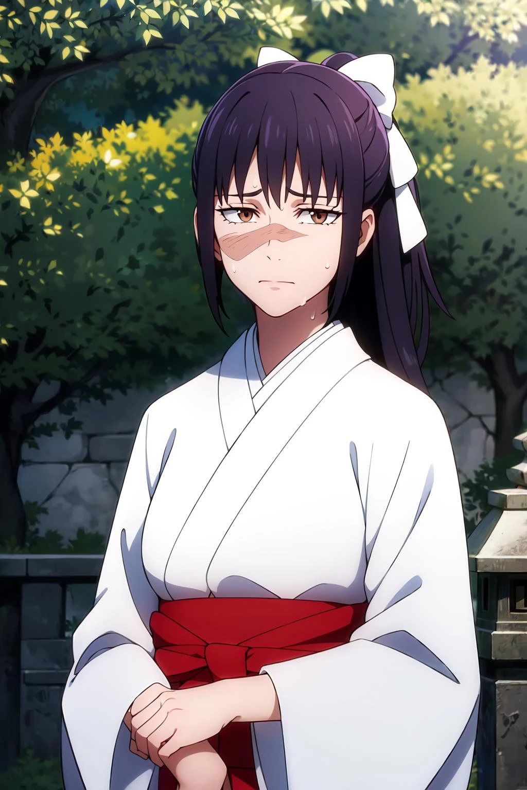 (extremely detailed CG unity 8k wallpaper),(masterpiece),(best quality),(ultra-detailed),(best illustration),(best shadow),(absurdres), <lora:Utahime:0.7>Iori, 1girl, solo, japanese clothes, brown eyes, looking at viewer, long hair, closed mouth, ponytail, stone lantern, bow, kimono, black hair, hair bow, white kimono, scar, miko, upper body, white bow, blue hair, bangs, ribbon, sweat, outdoors, white ribbon, sidelocks, hair ribbon, scar on face, black background
