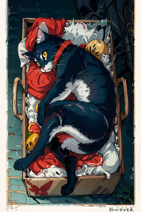 (masterpiece, best quality, high quality, highres, ultra-detailed), <lora:GiftInBoxV1:1>, in box, full body, cat,on side, lying,