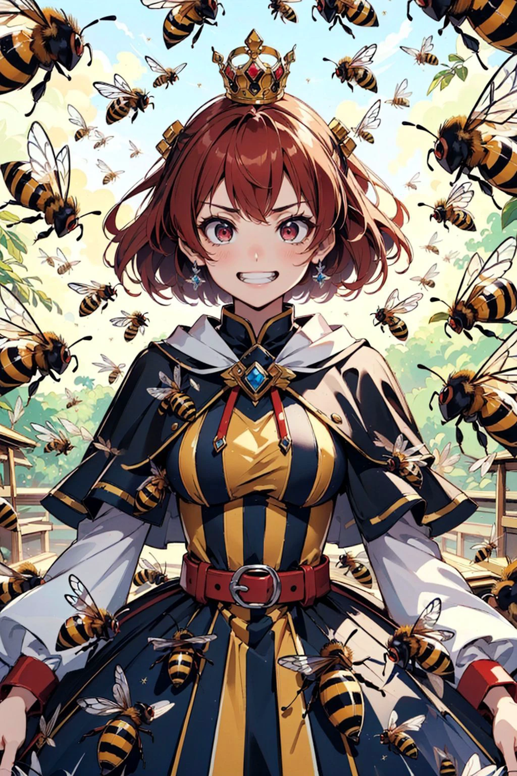 Masterpiece, best quality, 1girl, red hair, dark eyes, crown, (striped dress:1.2), capelet, (evil grin:1.1), (evil eyes:1.1), (bees:1.3), (insect wings:1.3), (too many bees:1.3), (surrounded:1.3), (bees on clothes:1.3), <lora:manyBees_goldhopper:0.4>