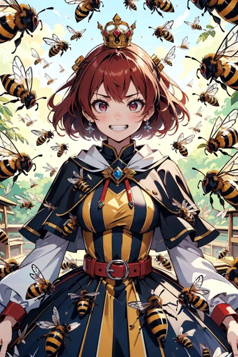 Masterpiece, best quality, 1girl, red hair, dark eyes, crown, (striped dress:1.2), capelet, (evil grin:1.1), (evil eyes:1.1), (bees:1.3), (insect wings:1.3), (too many bees:1.3), (surrounded:1.3), (bees on clothes:1.3), <lora:manyBees_goldhopper:0.4>