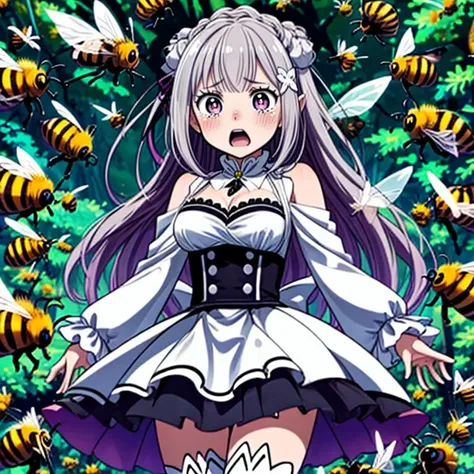 ((top quality, 8k wallpaper)),(masterpiece, best quality),extremely detailed,high definition,(official art:1.3),(((anime screencap,black outline))),<lora:more_details:0.3>,<lora:LCM_LoRA_Weights_SD15:1>,1girl,solo,scared,panicking,constricted pupils,screaming,raised eyebrows,wide-eyed,crying,tears, BREAK <lora:EmiliaV25:1>, emilia,medium breasts,cleavage,very long hair,white thigh boots, BREAK <lora:manyBees:0.4>,(((bees,insect wings,too many bees surrounded, bees on clothes, forest))),