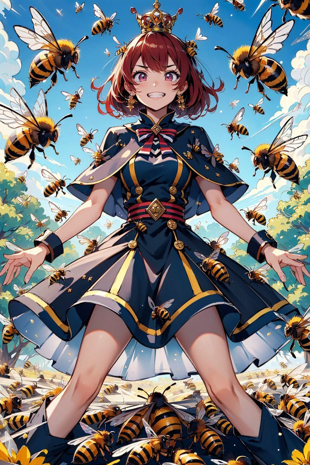Masterpiece, best quality, 1girl, red hair, dark eyes, crown, (striped dress:1.2), capelet, (evil grin:1.1), (evil eyes:1.1), (bees:1.3), (insect wings:1.3), (too many bees:1.3), (surrounded:1.3), (bees on clothes:1.3), <lora:manyBees_goldhopper:0.4>